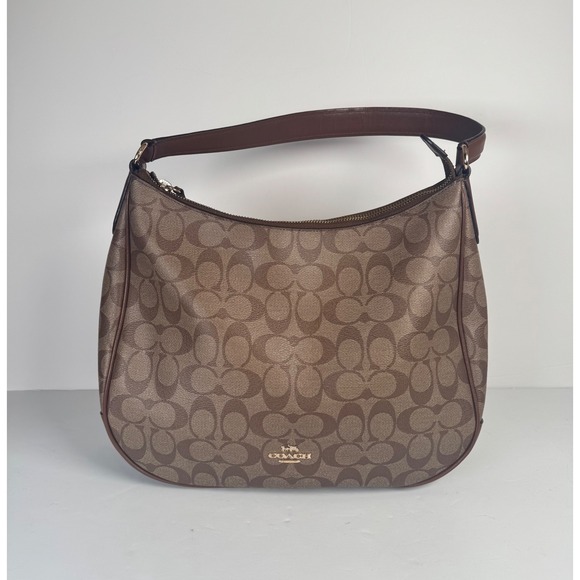 Coach Handbags - Coach Signature Khaki Canvas Tan Leather Shoulder Zip Hobo Monogram Purse F29209